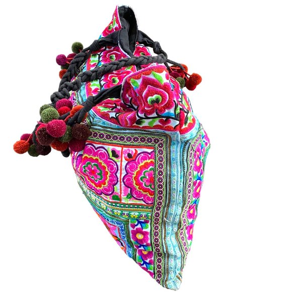 Boho Embroidery Multi-Color Flowers Weekender Hobo Tote Pom-Poms Inside Zip #02 - Picture 7 of 15